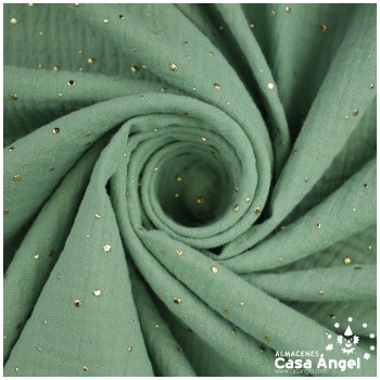 TELA MUSELINA VERDE MENTA CON PUNTOS DORADOS EN RELIEVE SERIE GINGA 150cm