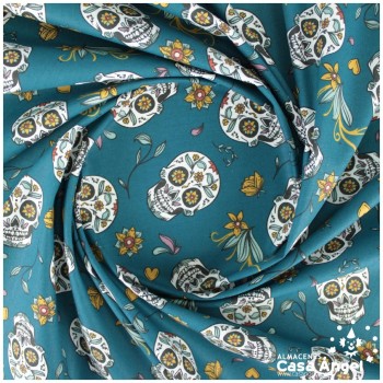 ALGODÓN ESTAMPADO CALAVERAS MEJICANAS SOBRE AZUL 150cm