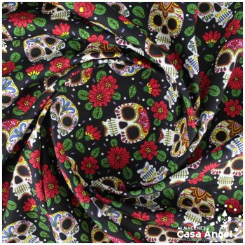 ALGODÓN ESTAMPADO CALAVERAS MEXICANAS SOBRE NEGRO 150cm