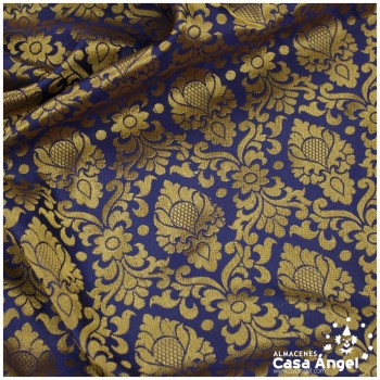 BROCADO AZUL DE PATRÓN FLORAL BARROCO ORO 120cm