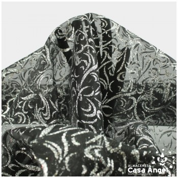 ORGANZA NEGRA ESTAMPADA GLITTER PLATEADO SERIE LUCES 150cm